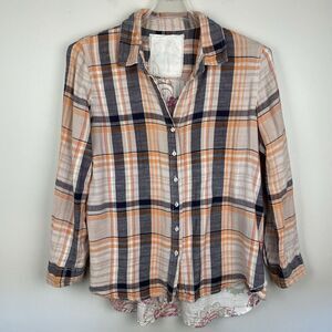 CUNO Flannel Shirt Size L Orange Black Plaid Floral Blouse Roll Tab Boho Cozy